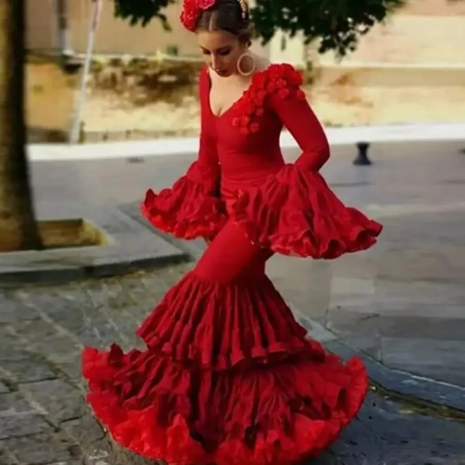 Pretty Flamenco Dresses Ruffles abiye gece elbisesi Red Floral Elegant Evening Gowns with Sleeves Layered Mermaid Tiered