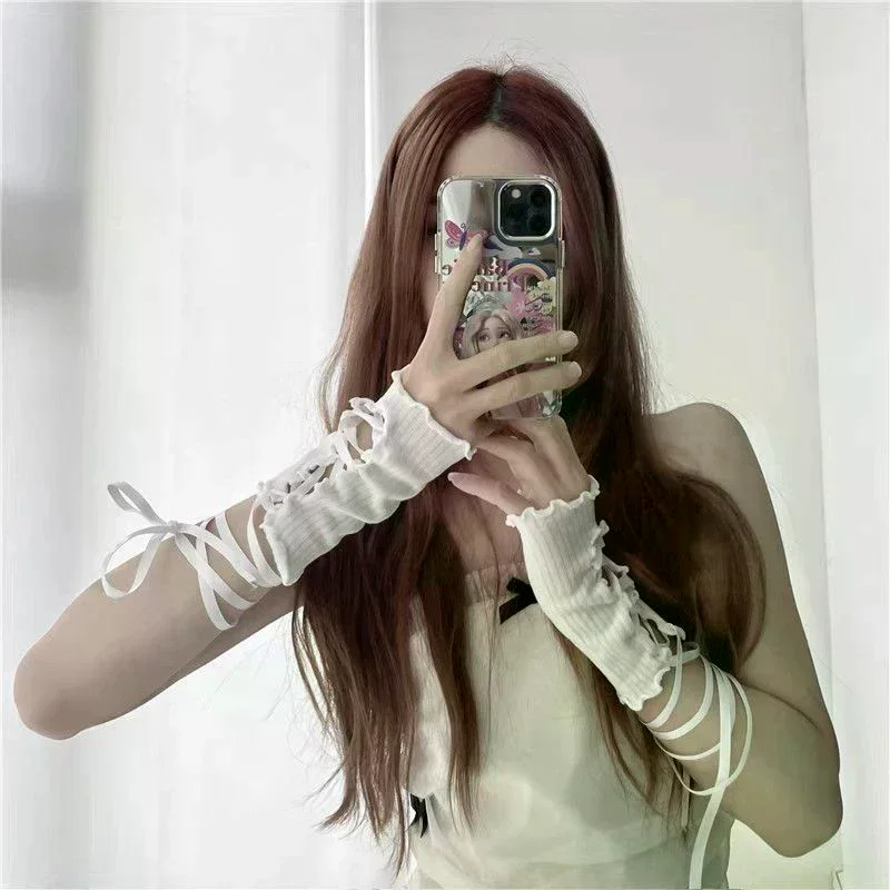 Women Strapping Lace Fingerless Hot Sexy Arm Sleeves Diy Lace-up Sunscreen Gloves Elastic Mesh Punk Gloves Clothing Accessories