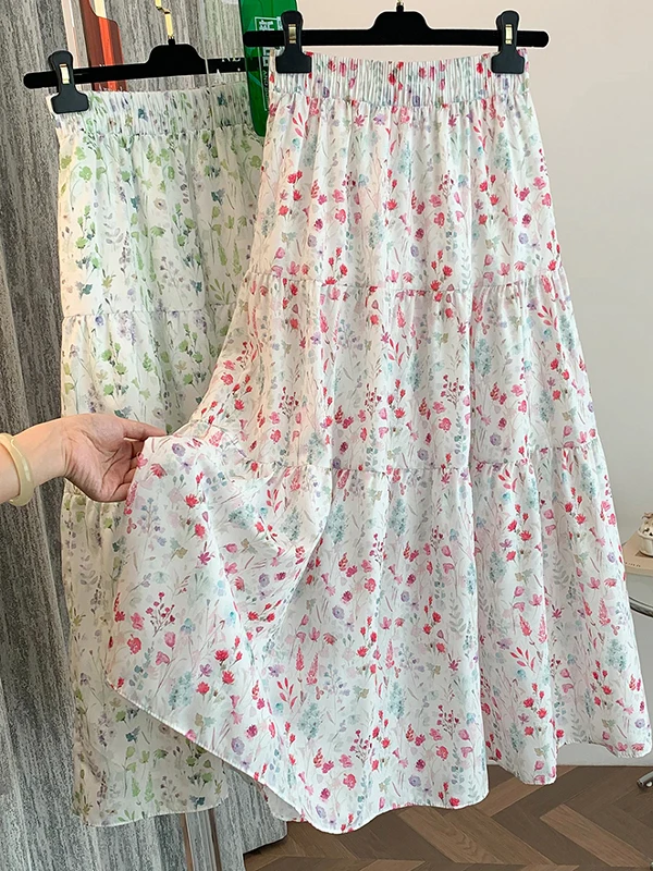 Lente Zomer Bloemenprint Elastische taille f-lengte Rok Veelzijdige Country Sle Dames Faion Retro Woon-werkverkeer Hoge taille A...