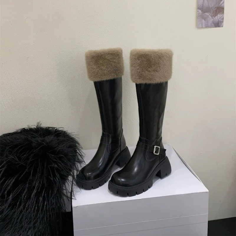 2025 Autumn and Winter New Velvet Non-knee Boots Women's Versatile Temperament Tall Knight Boots Fur All-in-one Snow Boots