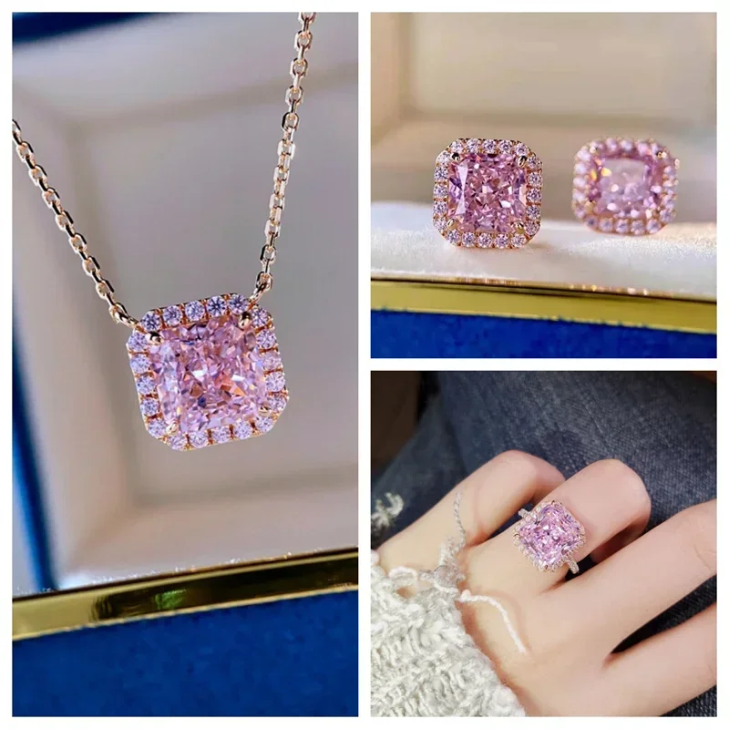 High End Pink Square Ring Necklace Earrings Classic High-end Luxury    Set Dinner Party Accessories Jewelry