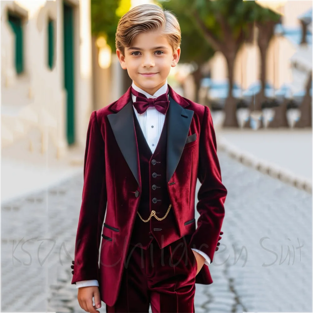 Luxury Burgundy Velvet Boy's Suit 3 Pieces Classic Peaked Lapel Single Button Formal Clothes High Quality Boy Wedding Suit