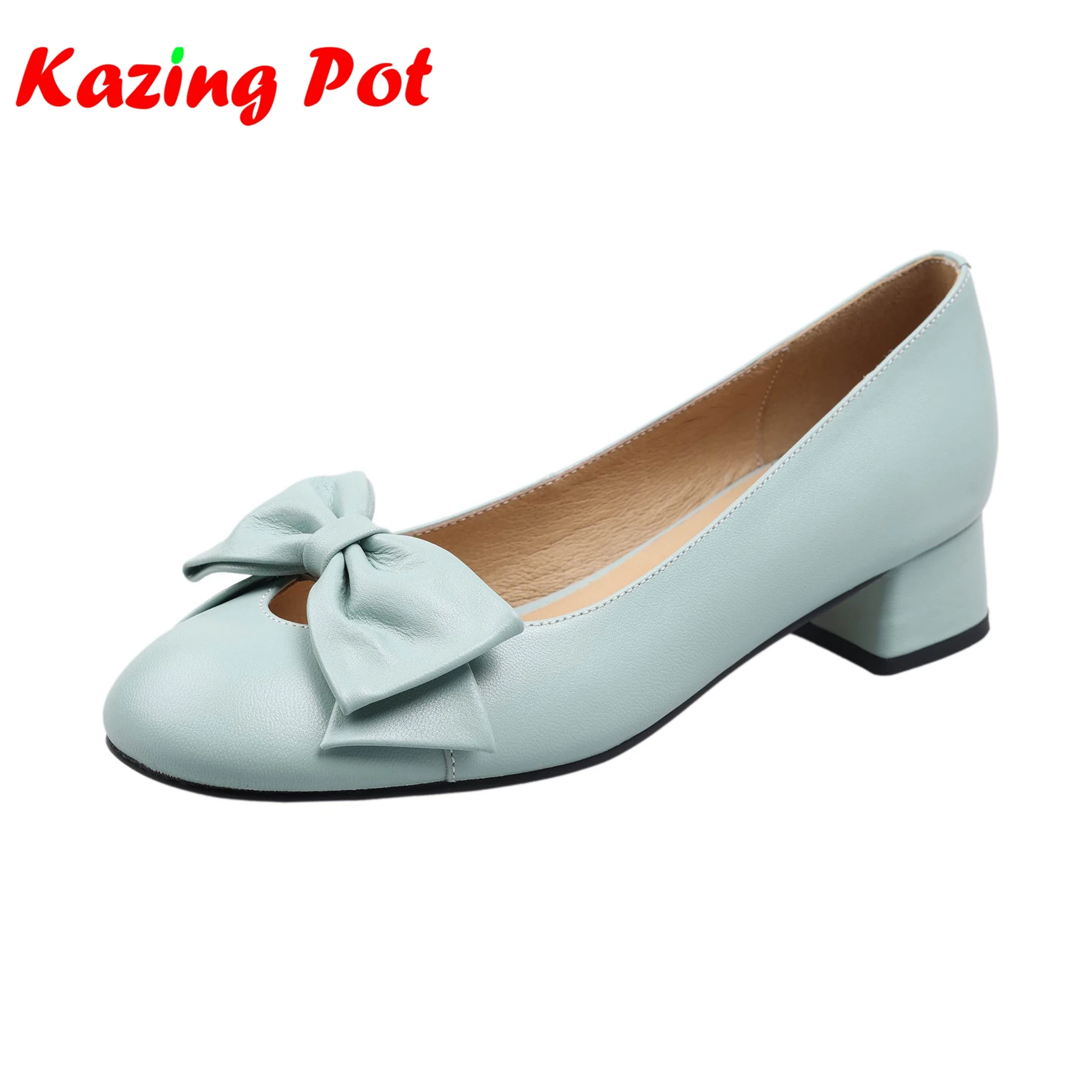 

Krazing Pot Cow Skin Round Toe Thick Med Heel Slip On Chic Summer Shoes Butterfly-decoration Women Elegant Beauty Shallow Pumps