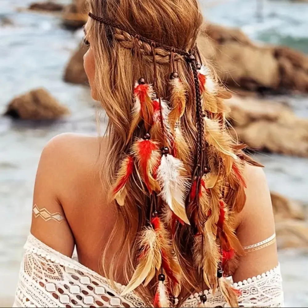 

Temperament Tassel Feather Headband Adjustable Beaded Boho Style Headdress Costume Ethnic Rainbow Indian Headband Female