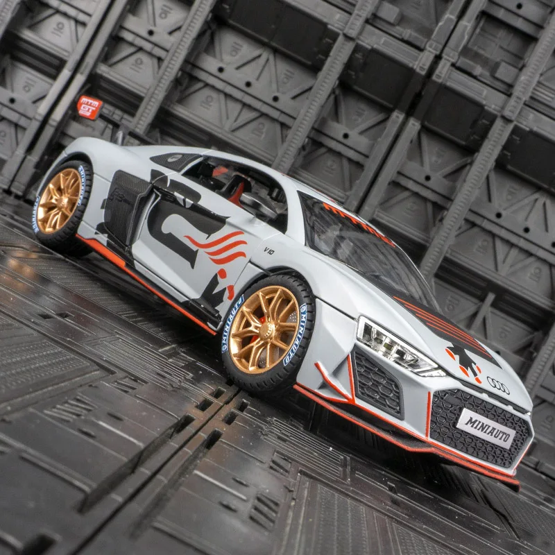 1:24 Audi R8 liga modelo de carro de corrida portas e capô do motor, porta-malas pode ser aberto detalhes ricos, acabamento fino, boa qualidade