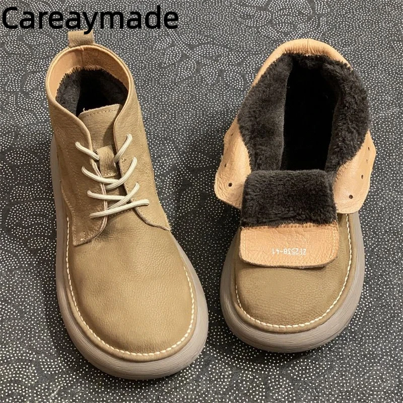 

Careaymade-натуральная кожа, плюшевые теплые ботинки с широким носком, мужские ботинки среднего размера, зимняя утолщенная хлопковая обувь, короткие сапоги из воловьей кожи