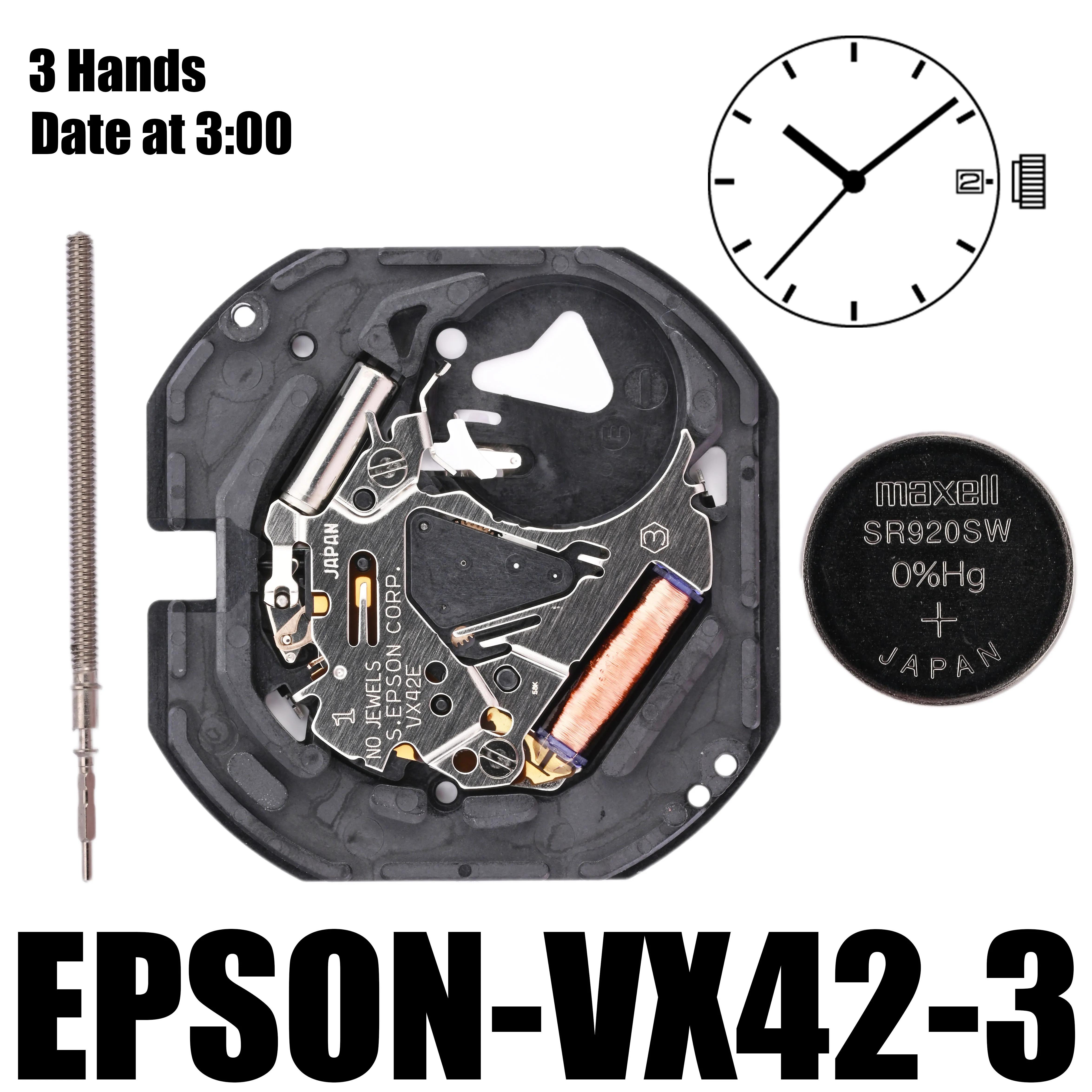 VX42 Movement Epson VX42E Movement 3 Hands Date at 3:00/6:00 Size : 11 1/2\'\'\' Height: 2.62mm Battery Life: 3 years