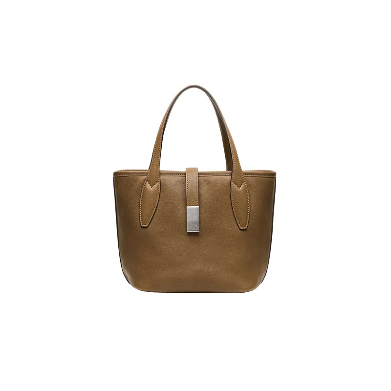 QIUZHEN Vegetable-Tanned Cowhide Long Handle Tote Bag - Large Capacity, Premium Commuter Bucket Bag for Women