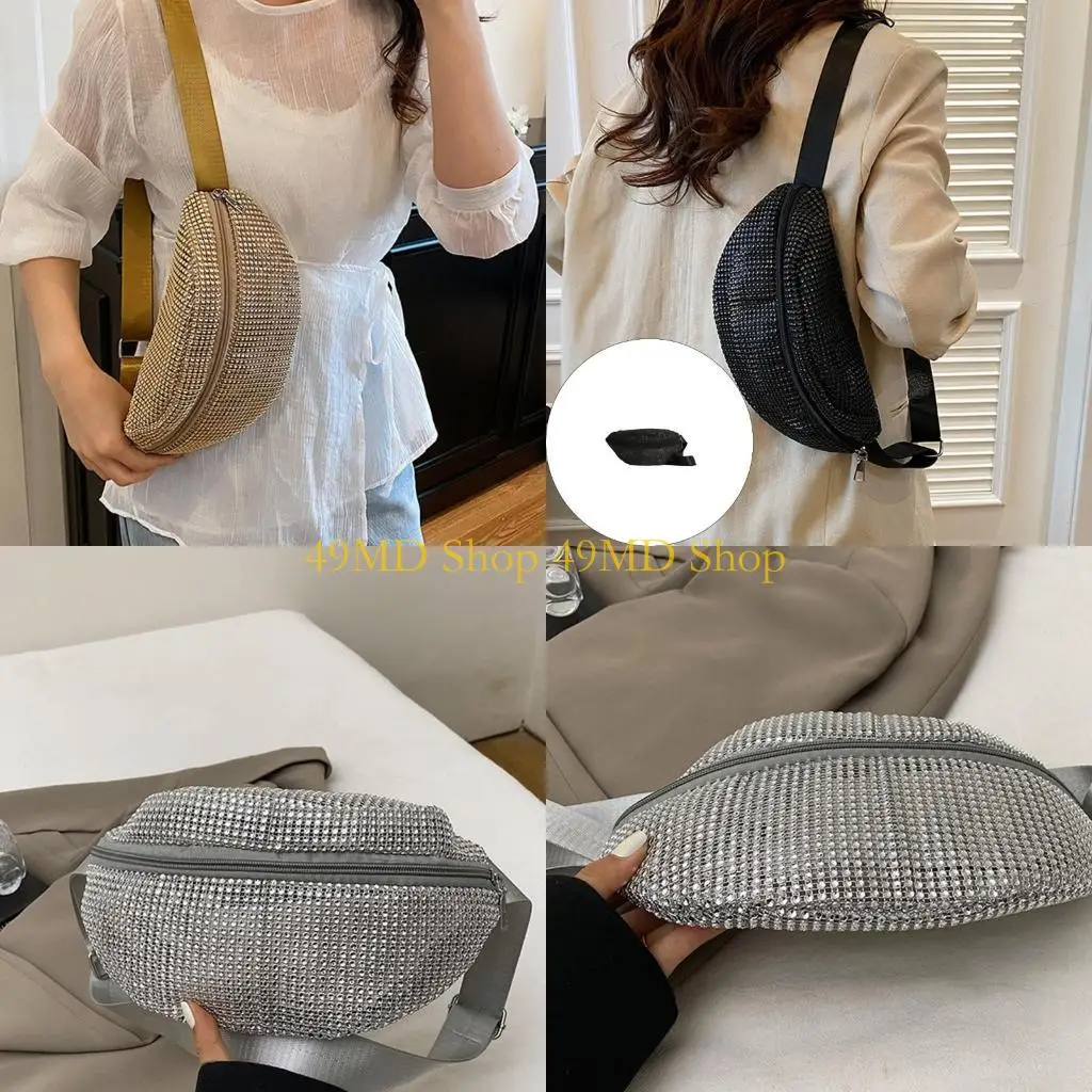 

49MD Elegant Rhinestones Waist Crossbody Bag Lightweight Nylon Chest Pack For Daily Use And Outdoor Activities