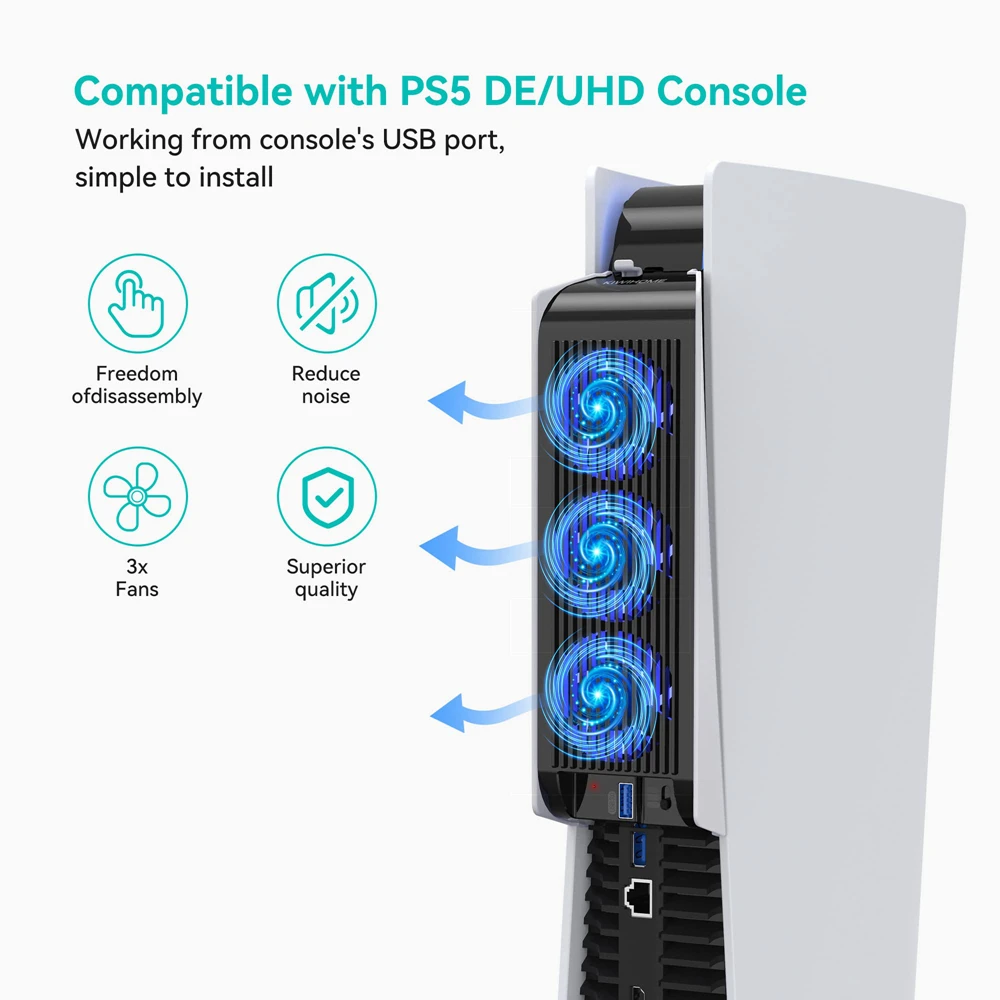 Upgraded Cooling Fan for PS5 Quiet Cooler Fan LED Light USB3.0 Hubs for Playstation 5 Disc & Digital Edition Console Accessories