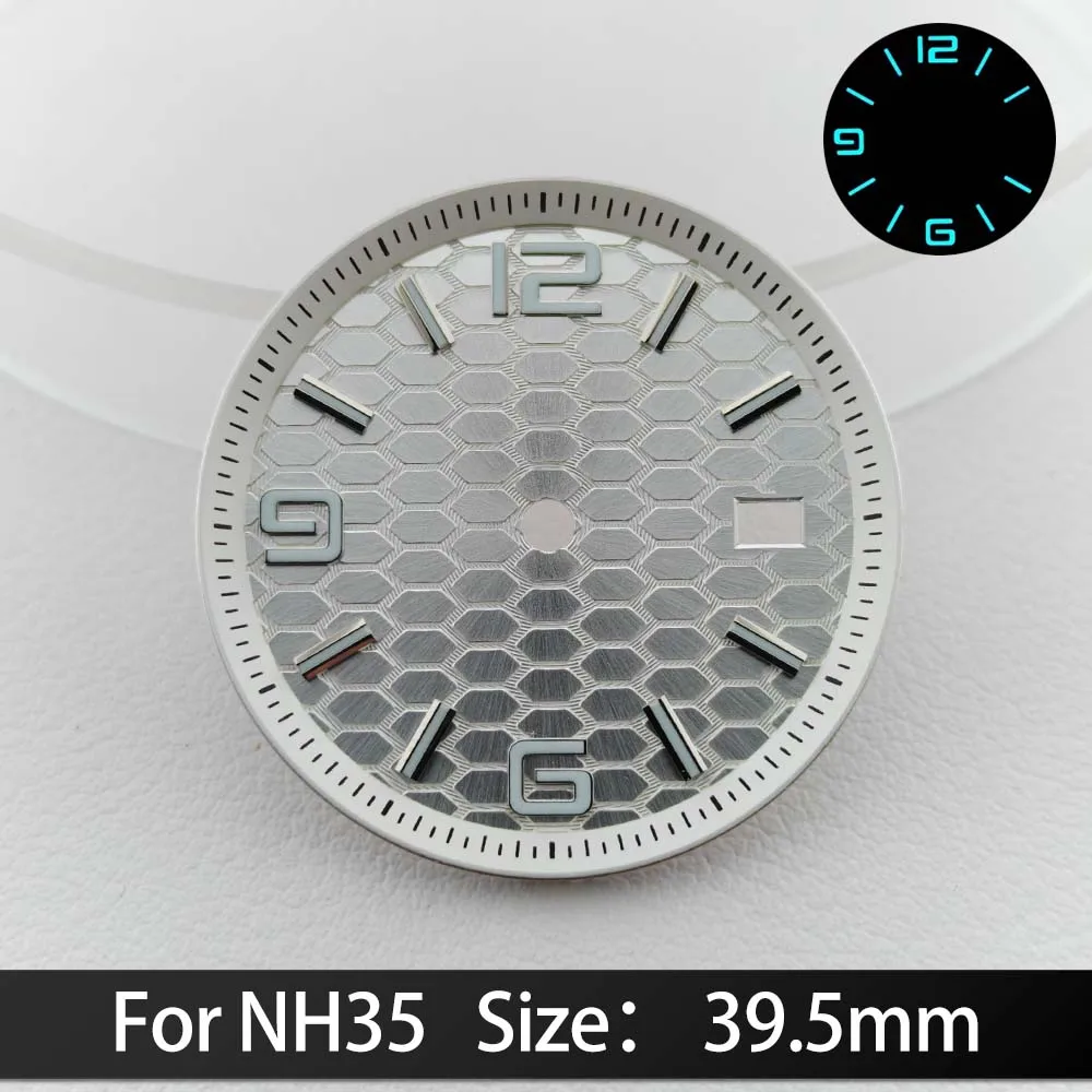 For NH35/NH36 Dials 39.5mm Blue Green luminous Calendar Window Concave Dial NH35 Automatic Movement Watch Replacement Parts