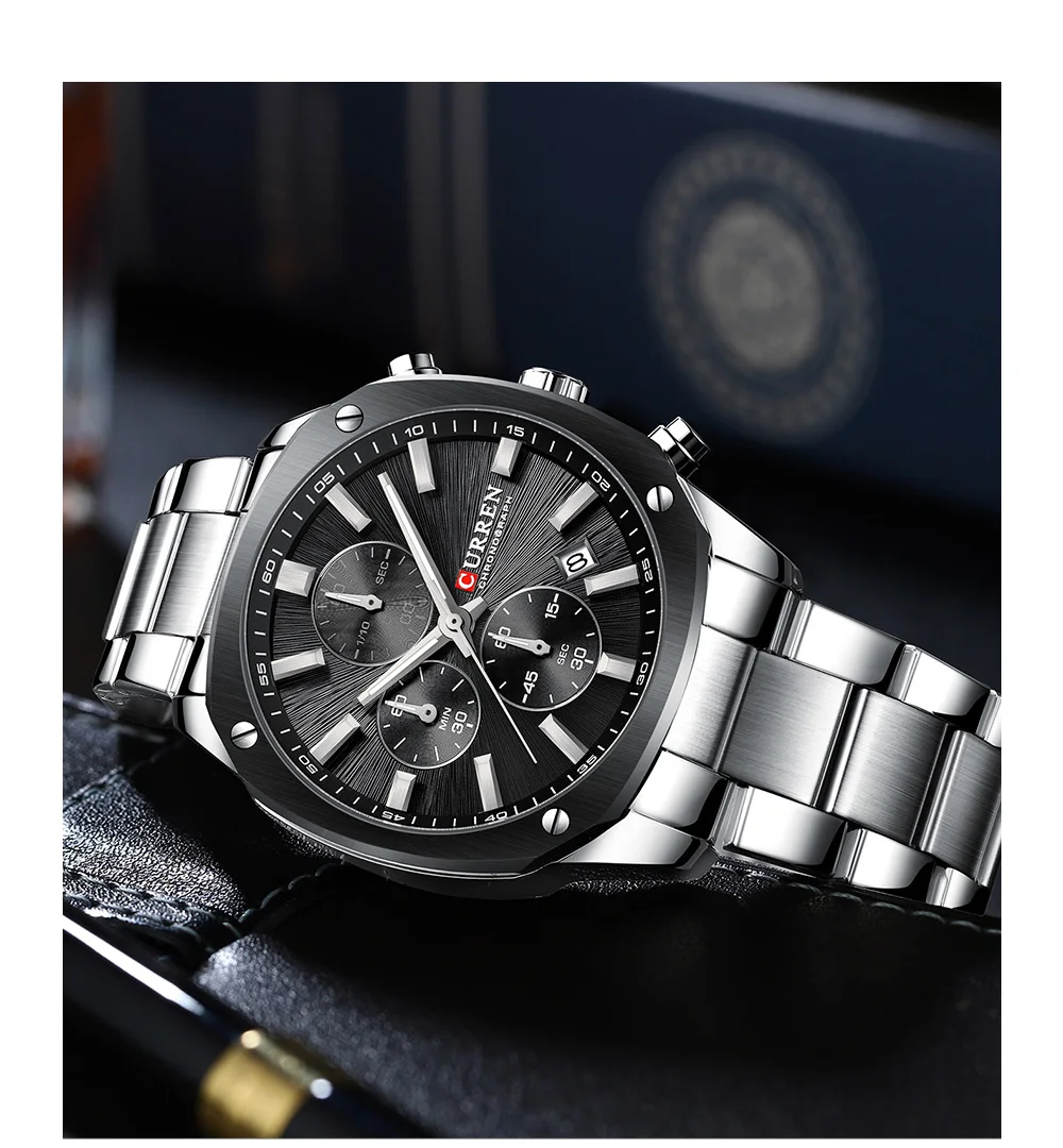 CURREN Business Casual Chronograph Uhr für Herren mit Edelstahlarmband und schwarzem Zifferblatt, leuchtenden Zeigern - Quarzwerk – Detail 15