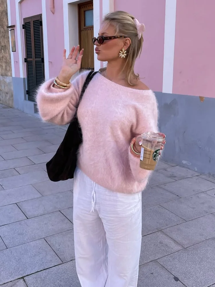 Fluff Homair Pullover Damen Mode Einschultriger Langarm Einfarbiger Pullover 2026 Frühling Herbst Lässige Strickwaren Schicke Damen-Oberteile