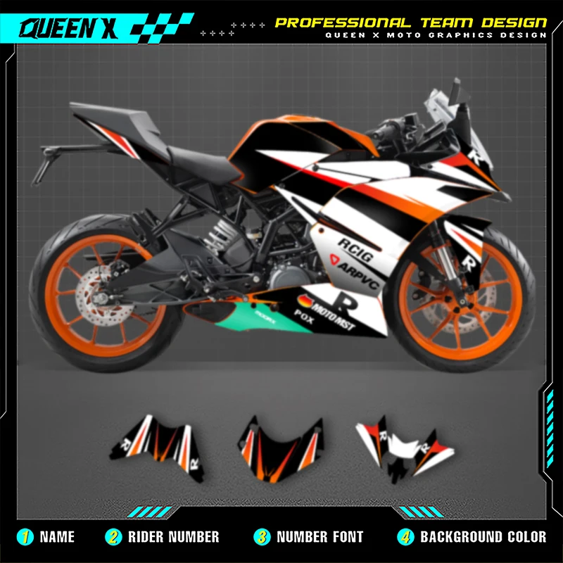

Queen X MOTOR Graphics Decals Stickers Kits For KTM RC250 390 2016 2015 2014 RC Motorcycle Accessories Numer Name Custom 003
