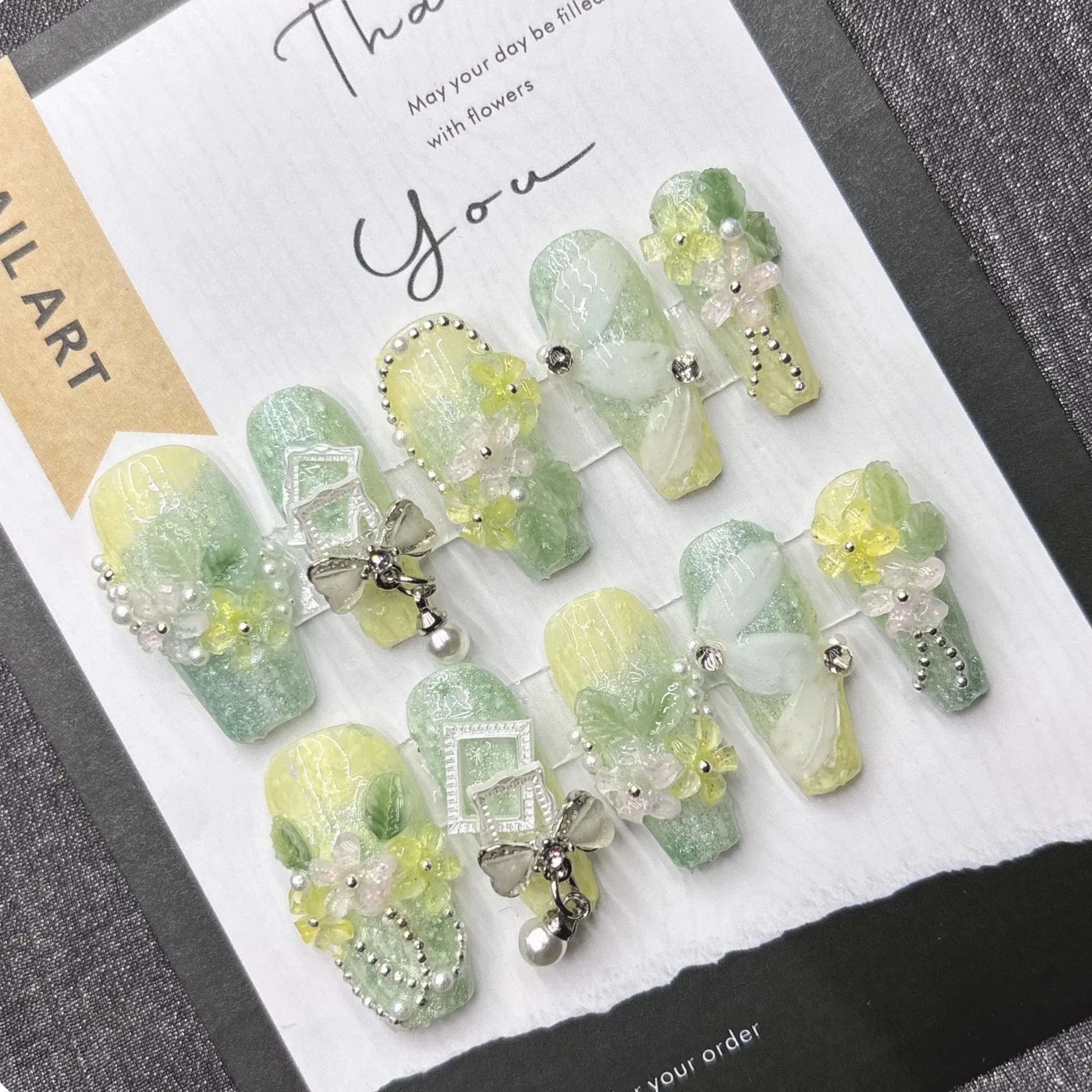 

Spring summer Green French Floral Press on nails Fresh style nails 3D Rhinestones for Daily Elegant Wear