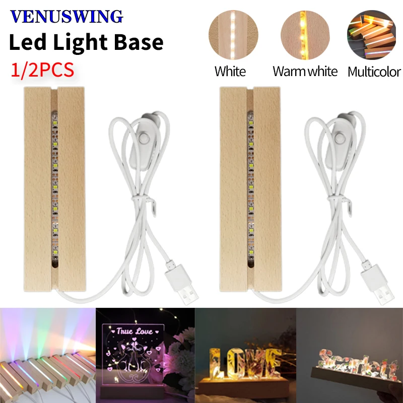 1/2ชิ้นฐานไฟ LED ทำจากไม้เป็นรูปสี่เหลี่ยมผืนผ้าคริสตัล USB ฐานโคมไฟตัวอักษรเรซินแก้วเรซินประดับตกแต่ง