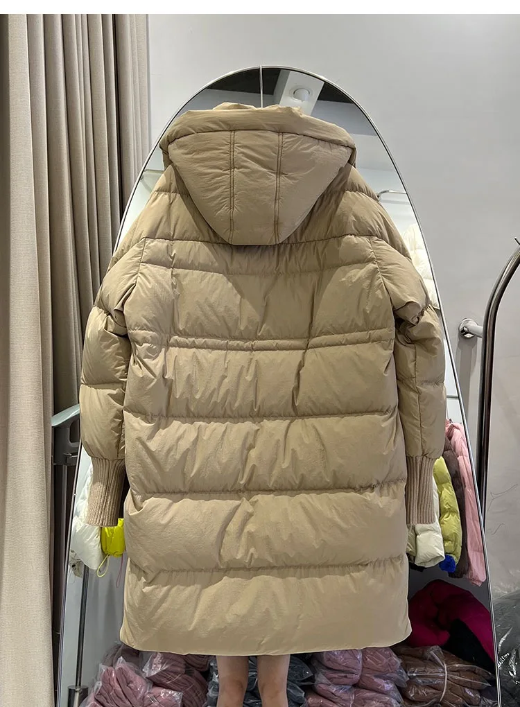 2025 inverno nova jaqueta feminina com capuz à prova de vento commuter manga de malha para baixo jaqueta