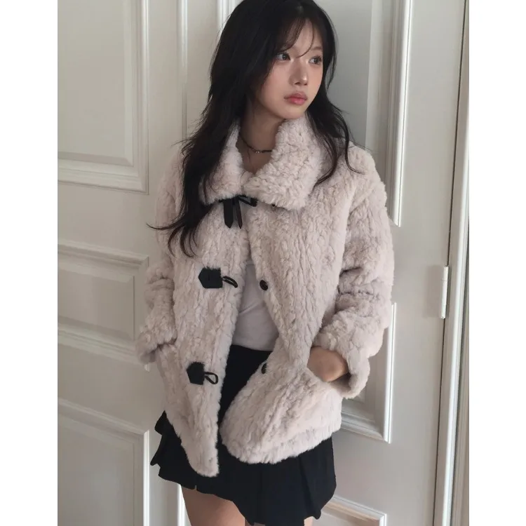 

Women's Autumn Winter New Sle Chic Loose Fur Leather Inteated Warm Collar Stand up Coat Long Sve Thiened Straight Tube