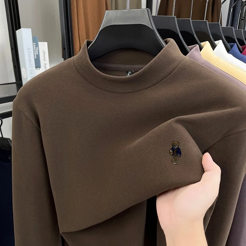 Luxury Men's Spring Velvet Fleece Base Layer T-Shirt Mock Neck Embroidery Long Sleeves Anti-Pilling Pullover Leisure Soft Tops