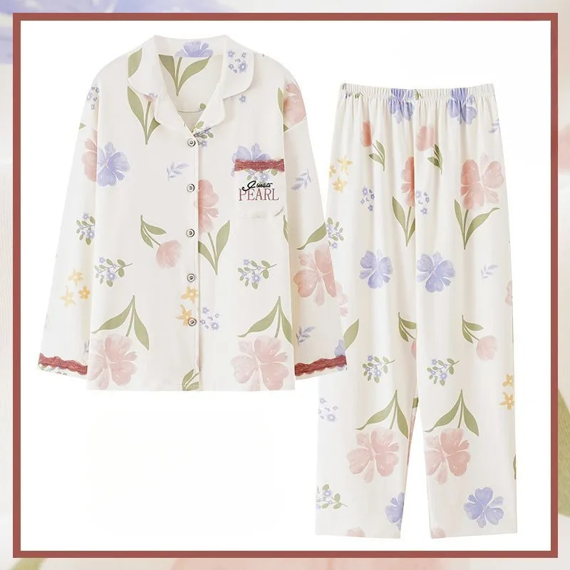 Pigiama donna primavera autunno puro cotone a maniche lunghe mamma di mezza età di grandi dimensioni Homewear Set Casual semplice e confortevole pigiameria