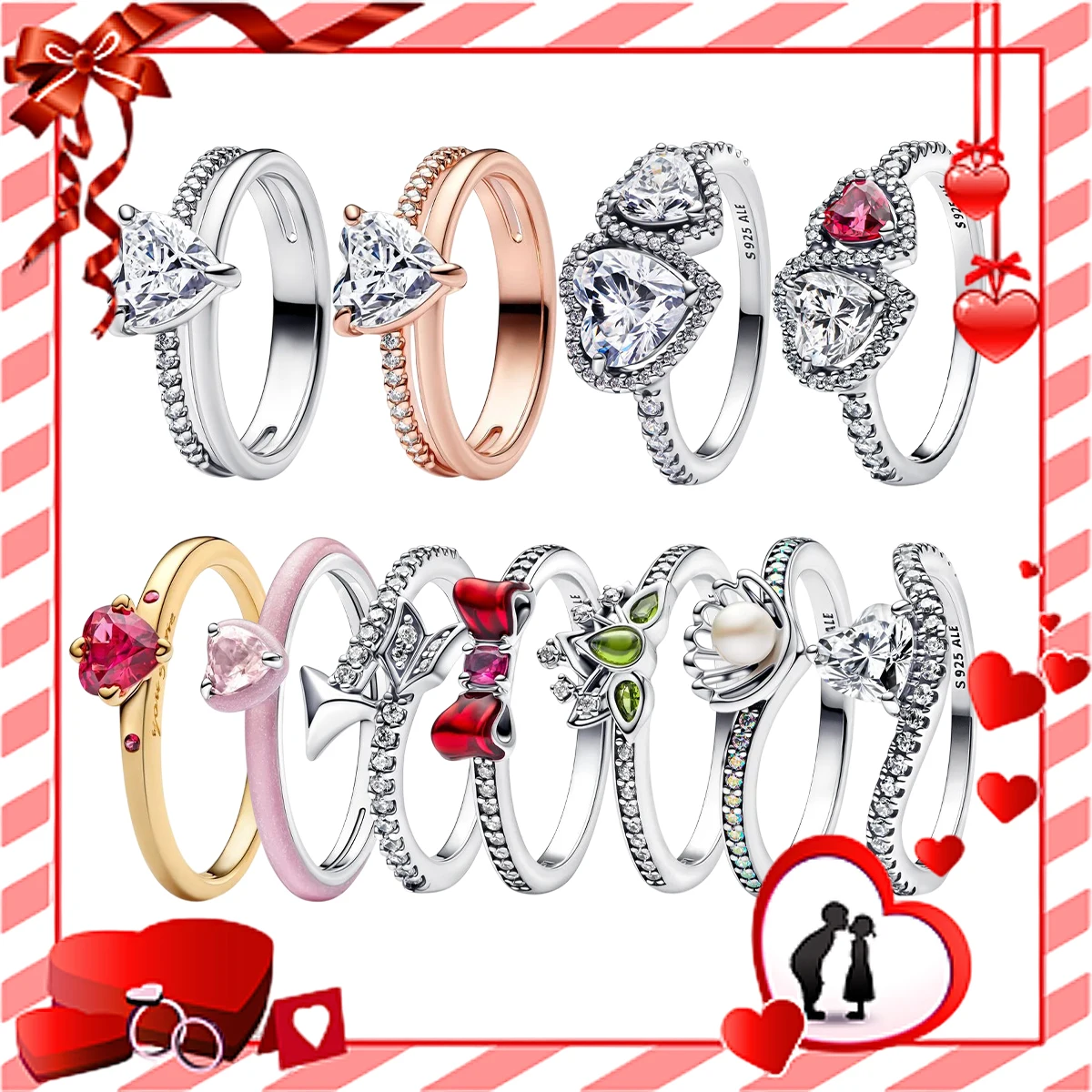 2025 Valentine's Day New S925 Silver Couple Ring Sparkling Halo Hearts Ring Double Band Heart Ring Couple Gift Jewelry