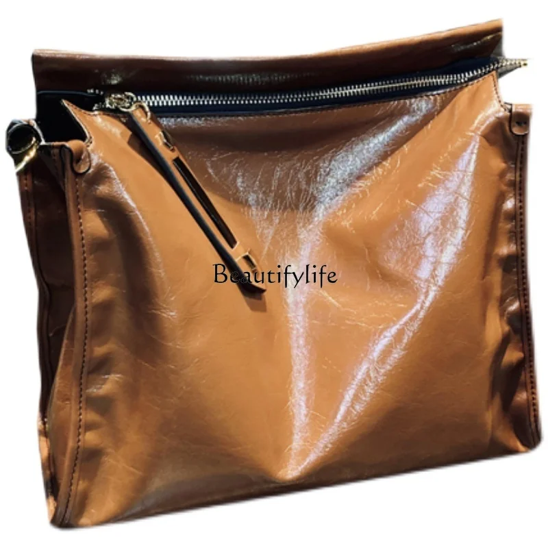 Genuine Cattlehide Leather Crossbody Bag, High-Grade, Contrast Color, European and American Fashion