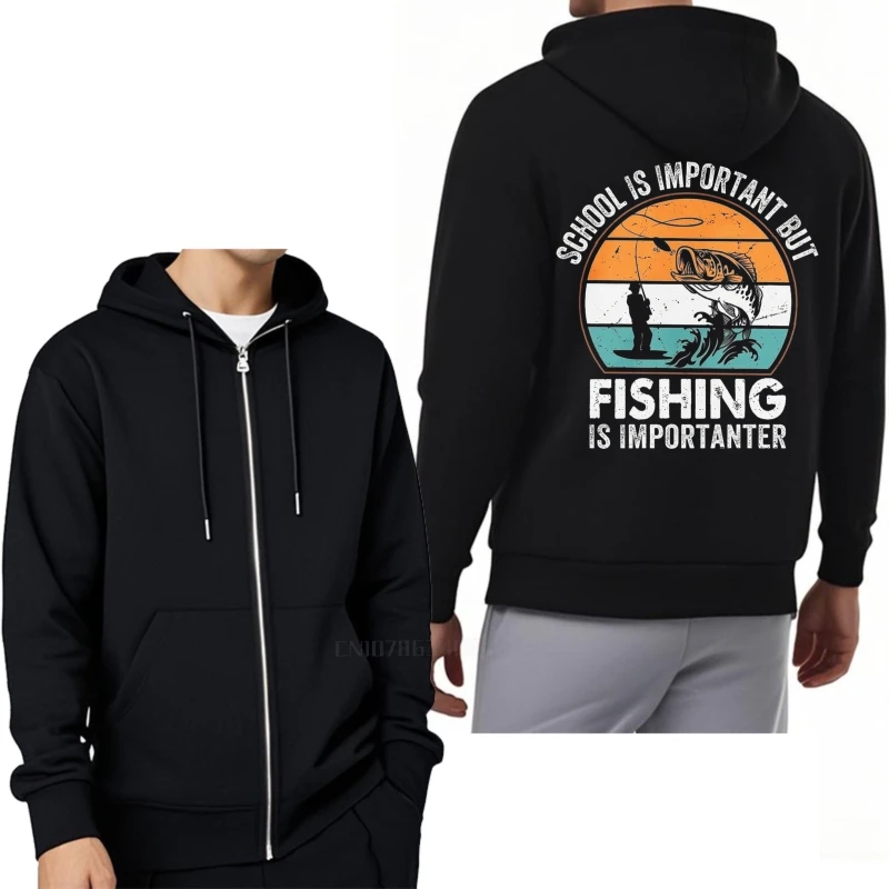 ロック秋パーカー学校は重要ですが釣りも重要です男性用ユニセックスジッパー付きジャケットスウェットシャツプルオーバーレトロ