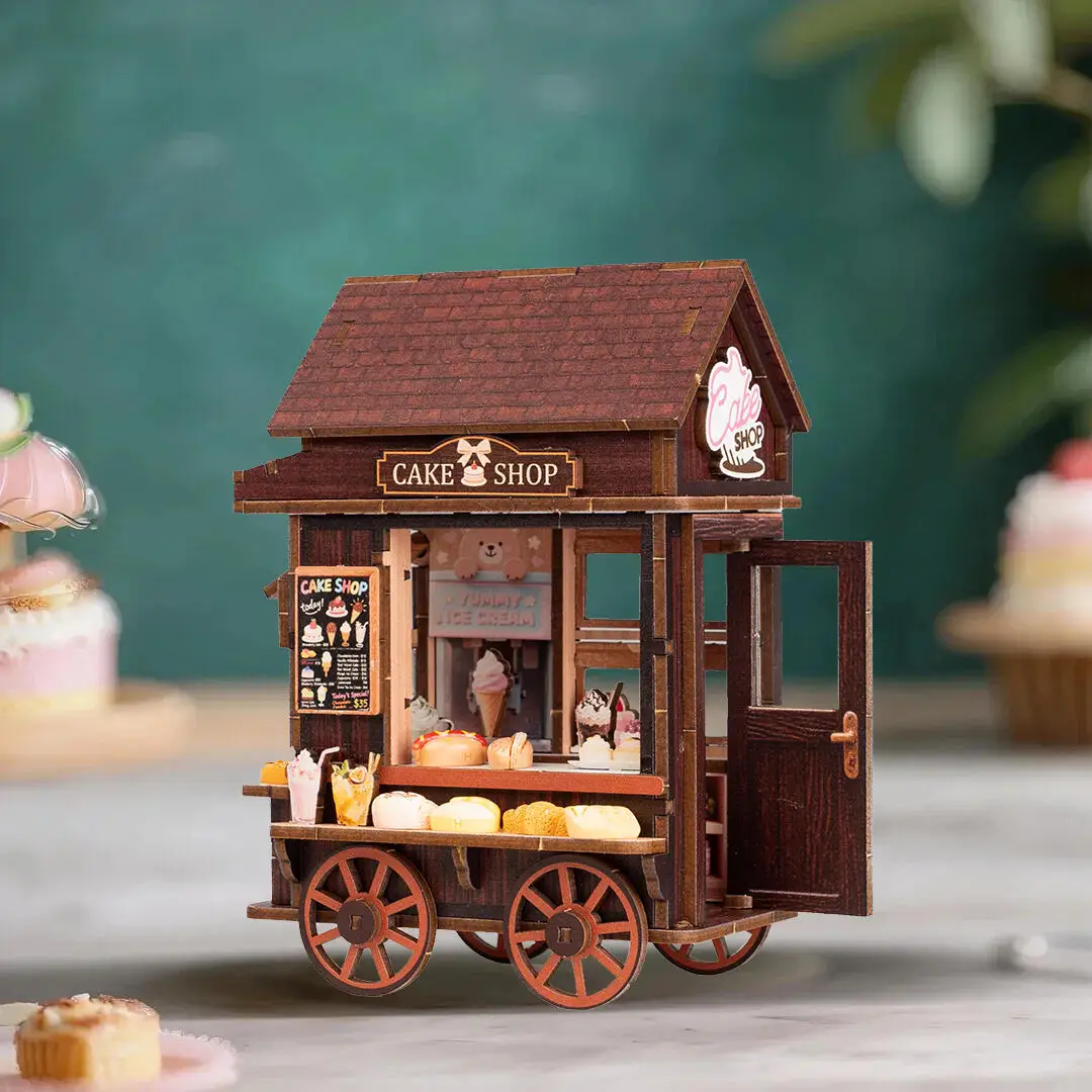 DIY Cake Shop Mini Casa Miniatur-Modellbausätze aus Holz mit LED-Leuchten Puppenhaus mit Möbeln 3D-Puzzle für Freunde Geburtstagsgeschenk