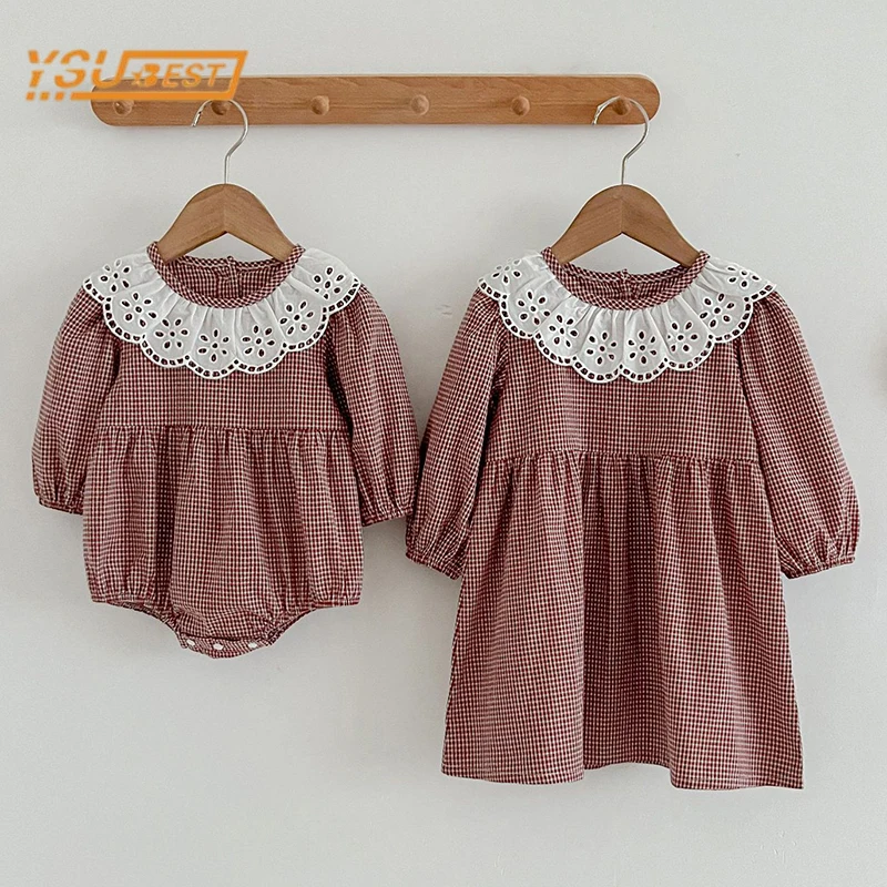 Infant Kids Baby Girls Long Sleeve Lace Collar Grid Sisters Dress Autumn Newborn Kids Baby Girls Princess Clothes Rompers