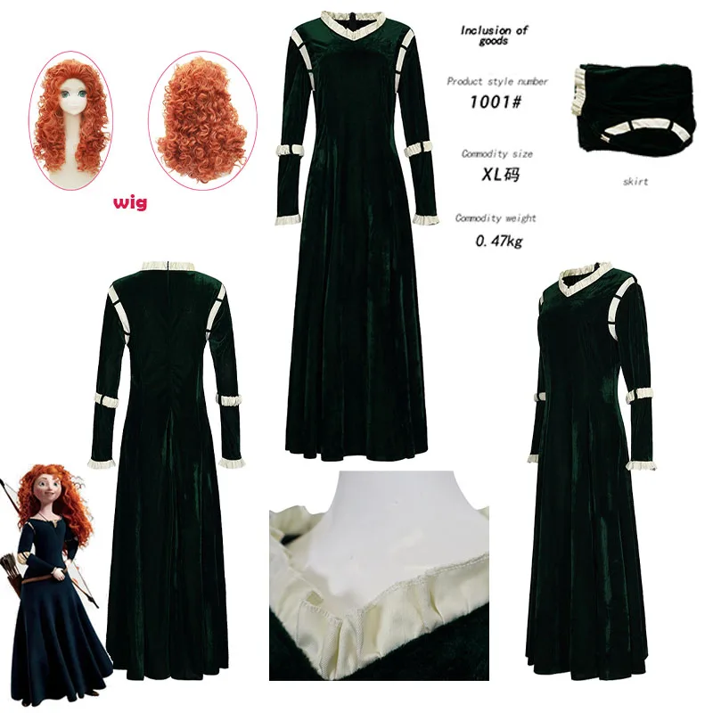 Disfraz de princesa Merida de Anime WHH, vestido largo con bonitas costuras para mujer, para Halloween, fiesta de disfraces