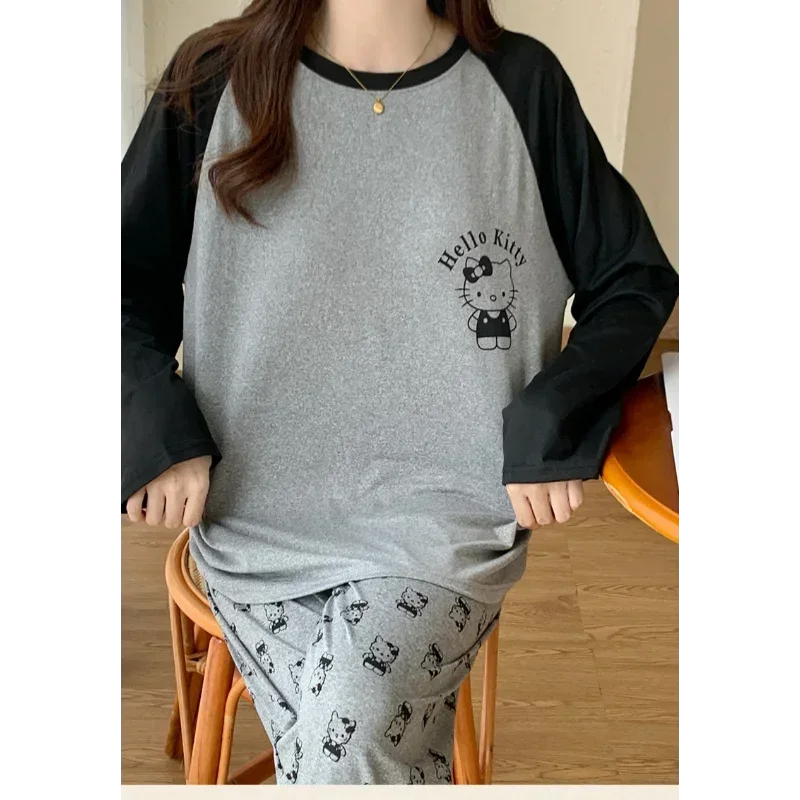 Sanrio Hello Kitty autumn pure cotton new long-sleeved trousers casual loose women\'s pajamas two-piece loungewear cartoon set