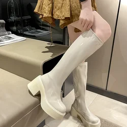 White Women's Long Boots High Heel Thick Sole V-shape Knight Boots For Slimming Legs Petite Calf Fashionable Footwear