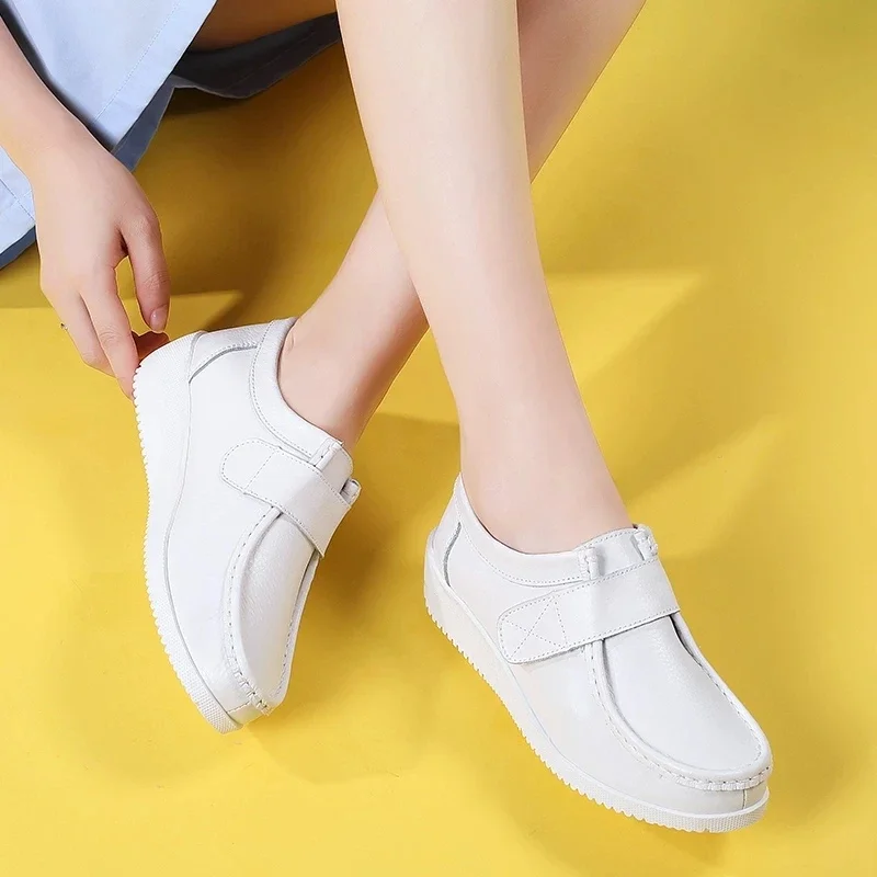 SNURULAN Leather Women Shoes Soft Bottom Slip on White Wedge Casual Women Shoes Comfortable Warm Fashion Nurse Working Shoes