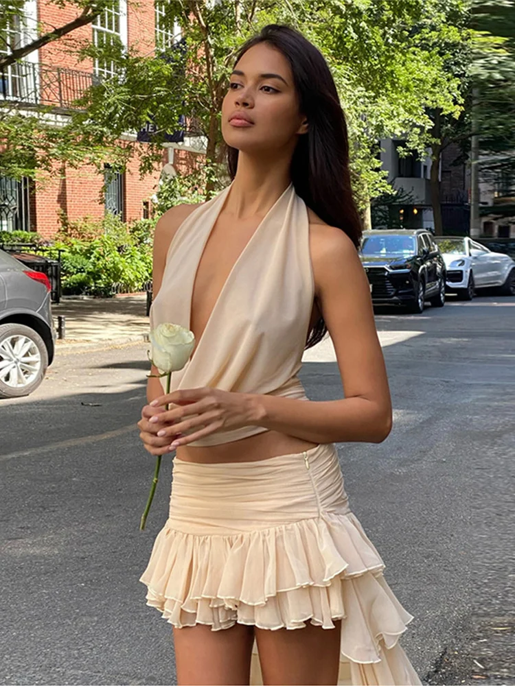Atasan Rompi Halter Kerah Tumpuk Rok Pinggang Rendah Set Wanita Blus Tank Slim Fit Seksi V Dalam Rok Pendek Berlipat Ekor Panjang Berumbai