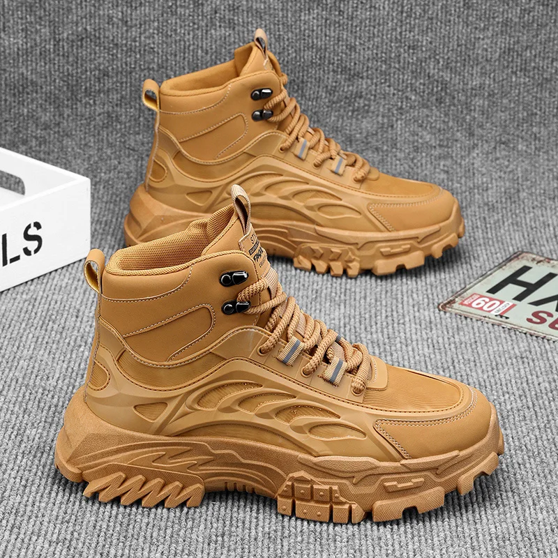 

Hot Sale Men's Motorcycle Boot Designer Knob Biker Boots Man Outdoor Work Boots for Men Yellow Ankle Boots botas para hombre