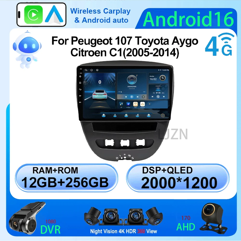 

LJZN 2 din Android16 Car Raido Multimedia For Peugeot 107 Toyota Aygo Citroen C1 2005-2014 GPS 2din Stereo CarPlay Auto 5G+WIFI