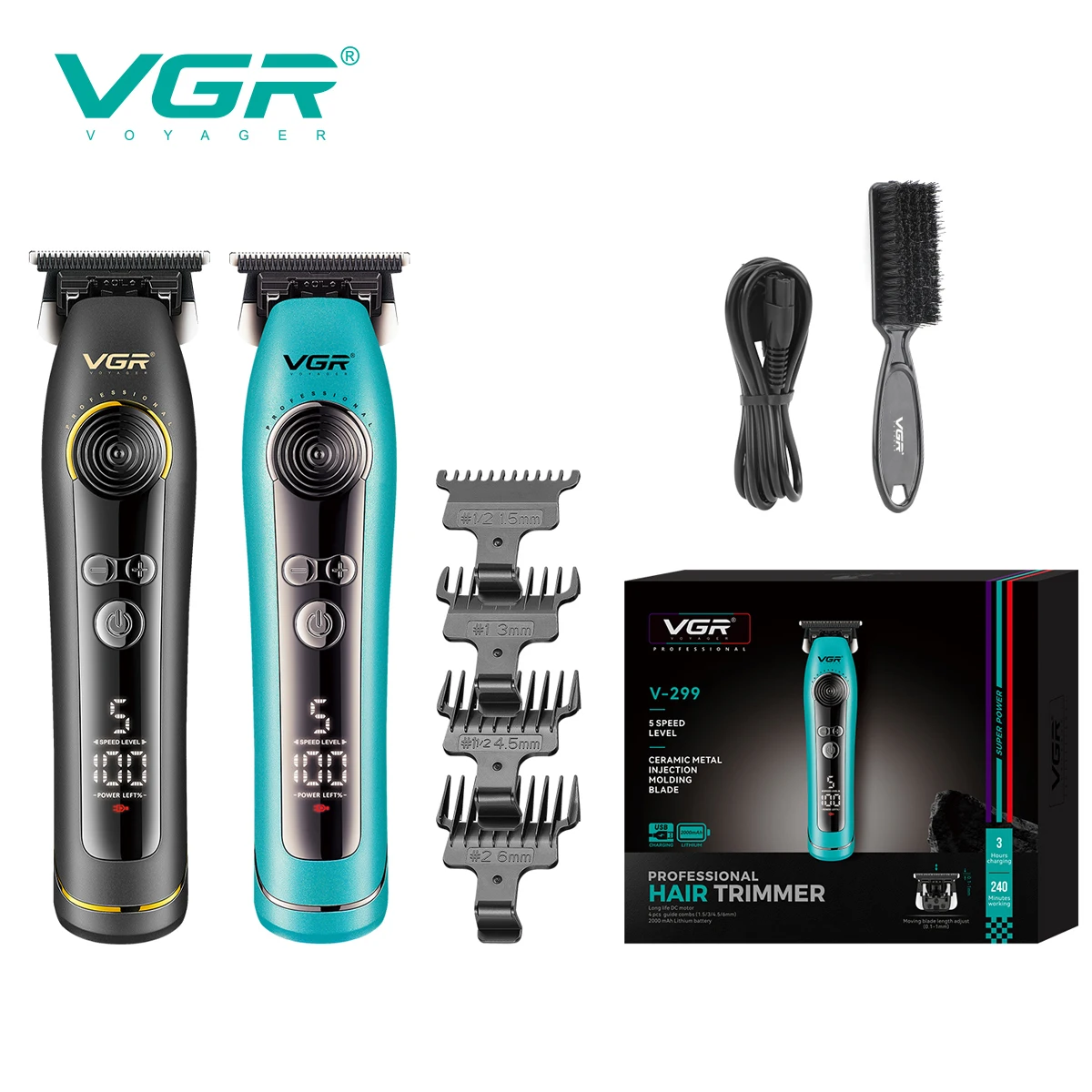 ماكينة قص الشعر الكهربائية VGR مع 9000 دورة في الدقيقة للرجال، شاشة LCD رقمية لصالون الشعر، ماكينة تشذيب الشعر المنزلي برأس الزيت V-299