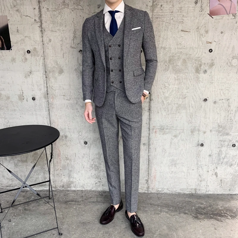 High-quality Men Slim Fashion Banquet Groom Single Button (suit + Vest +trousers) Business Handsome Leisure Suit Three-piece Set