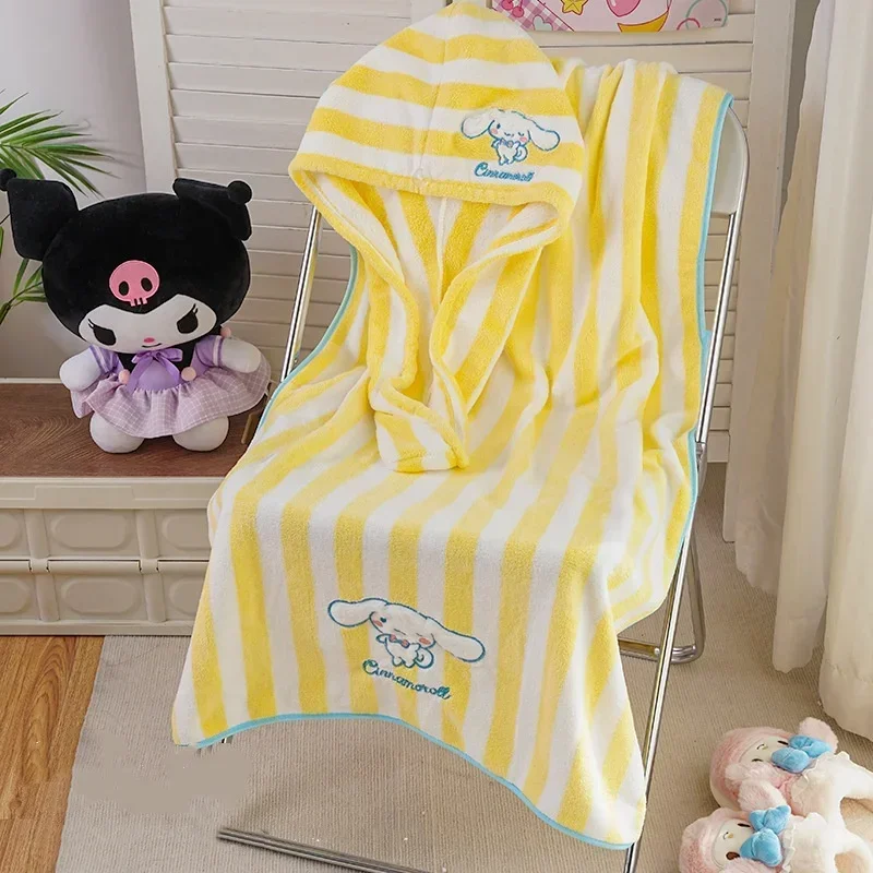 MINISO Sanrio Kuromi Striped Bath Towel Cartoon Hair Drying Cap Microfiber Towel For70x140cm Coral Velvet Drying Fast Bath Towel