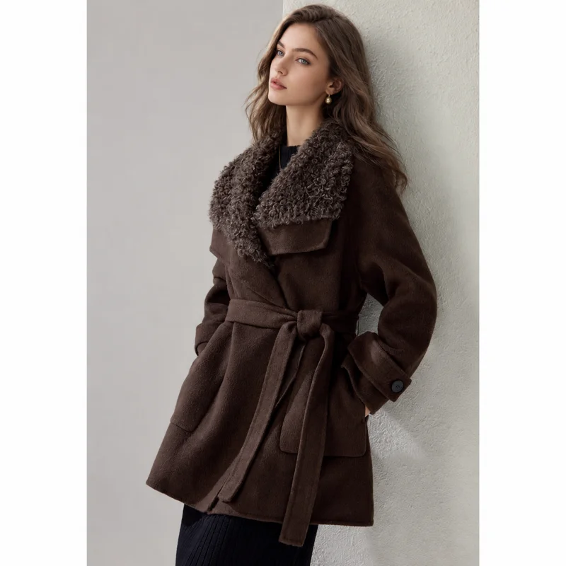 Women's Notched Lapel Double Breasted Mid Coat, Furry Collar Loose Fit Fall Winter Jacket
