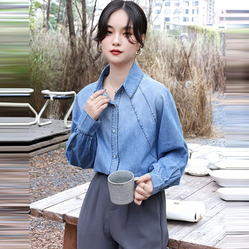 Women Casual Denim Shirt New Arrival 2024 Autumn Vintage Style Raglan Sleeve Basics Office Lady Elegant Tops Shirts W1929