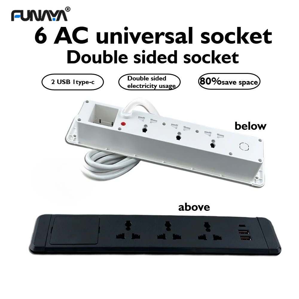 

FUNAYA Universal Double-sided Desktop Embedded Socket with EU US UK Multi Plug Built-in Countertop Outlets Offline for Furniture