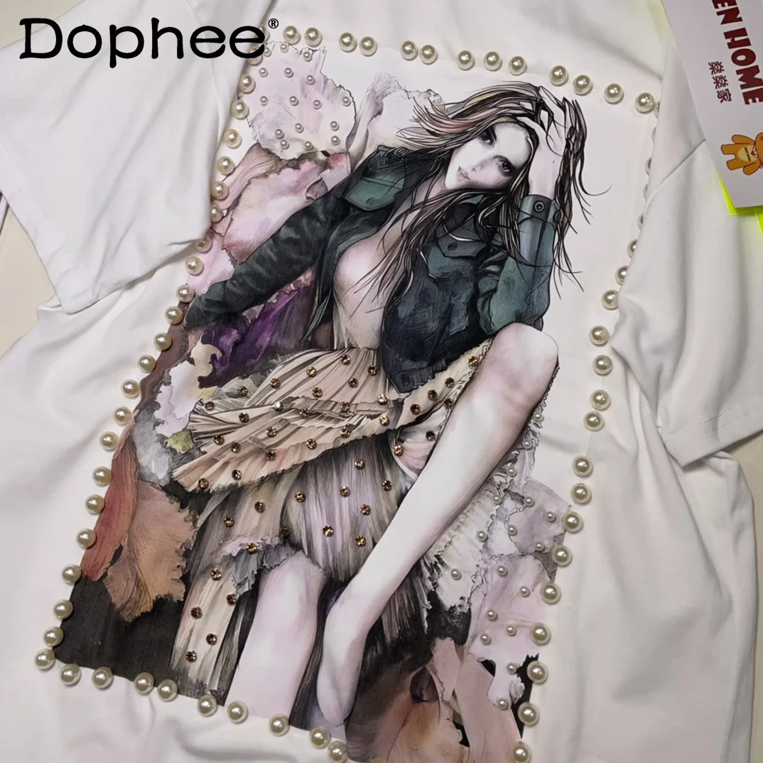 Loose Mid-Length Cartoon Character Printed Casual Short-Sleeve T-shirt Women 2024 Summer New Fashion Bear Rhinestone Y2g Top