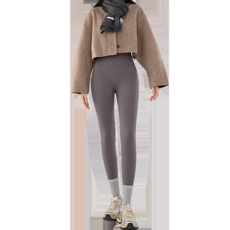 White Fleece-Lined Long Pants Women, Petite Size, Autumn and Winter High-Waisted Leggings, Thickened and Warm, Suitable