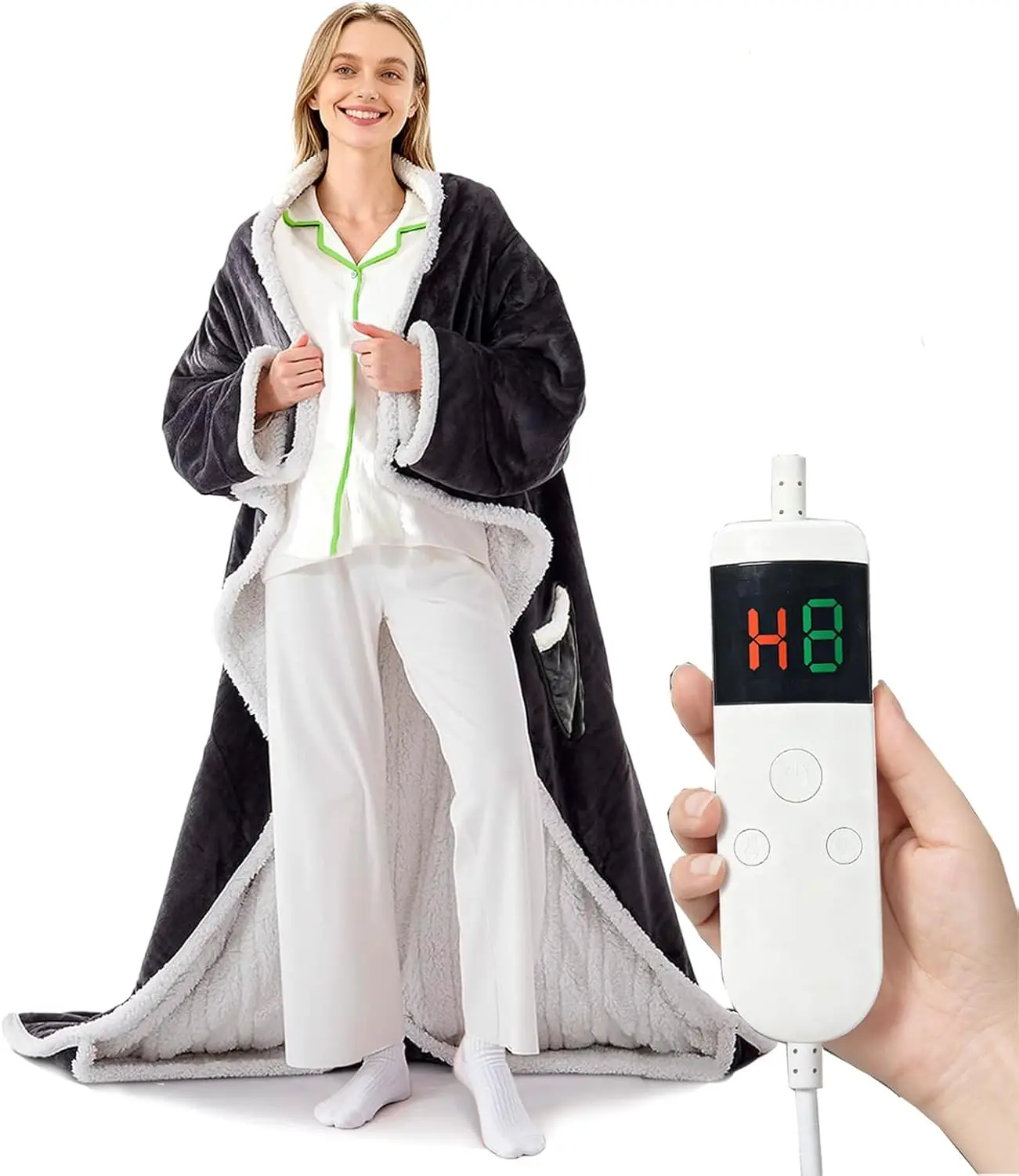 

Носимое одеяло с электрическим подогревом, рукавами и карманом для ног, автоматическое выключение в течение 8 часов, 10 уровней нагрева, можно стирать в машине, 52 x 72 дюйма + 18 дюймов.