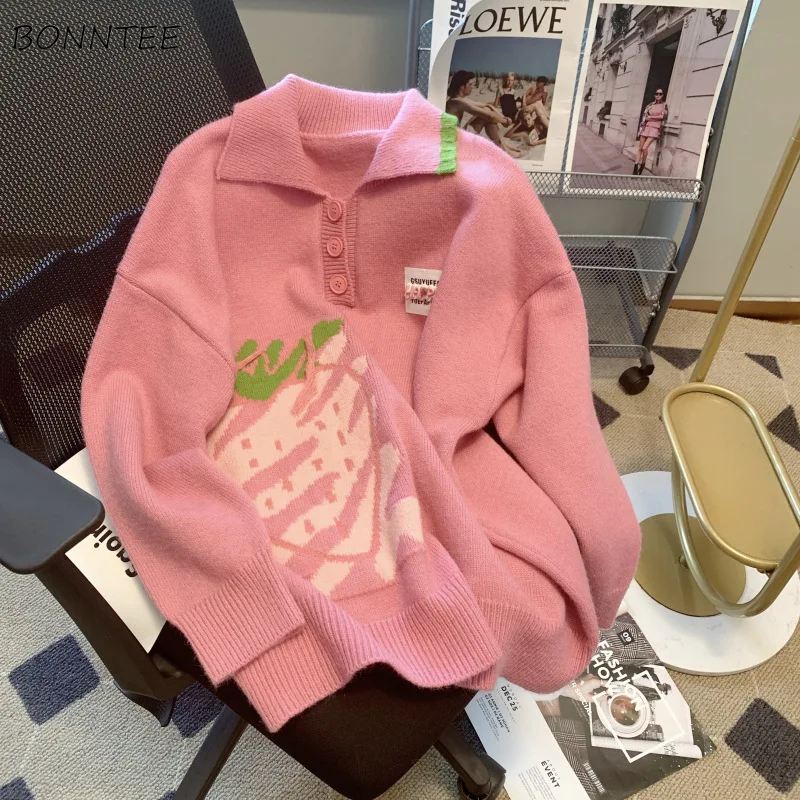 

Turn-down Collar Pullovers for Women Sweet Chic Printed Ins Korean Fashion Gentle College Popular Knitwear Autumn Outwear Trendy