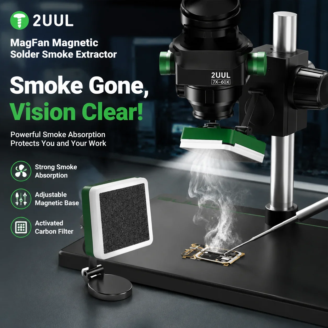 2UUL FE11 Solder Smoke Extractor Magnetic Fan Fume Absorber with Activated Carbon Filter LED Light for Phone PCB Welding Repair