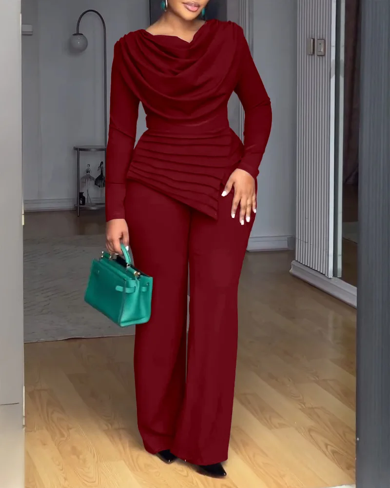 سوينغ طوق Ruched بذلة طويلة الأكمام الصلبة أنيقة مكتب سيدة غير المتماثلة هيم عادية خمر Ruched سليم السروال القصير الخريف