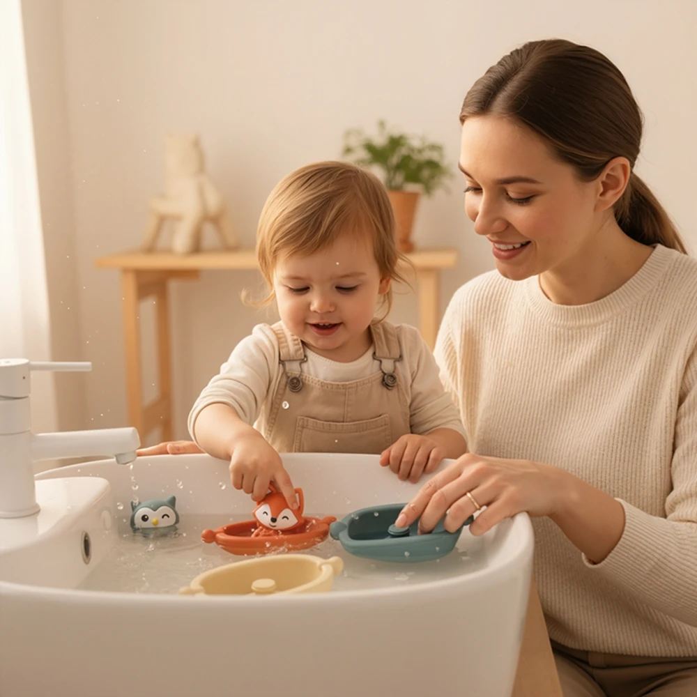 BPA-Free Kids Bathroom Stackable Floating Boat Bath Toy Teething Toy Suitable for Infants and Toddlers Animal Finger Puppet Toy