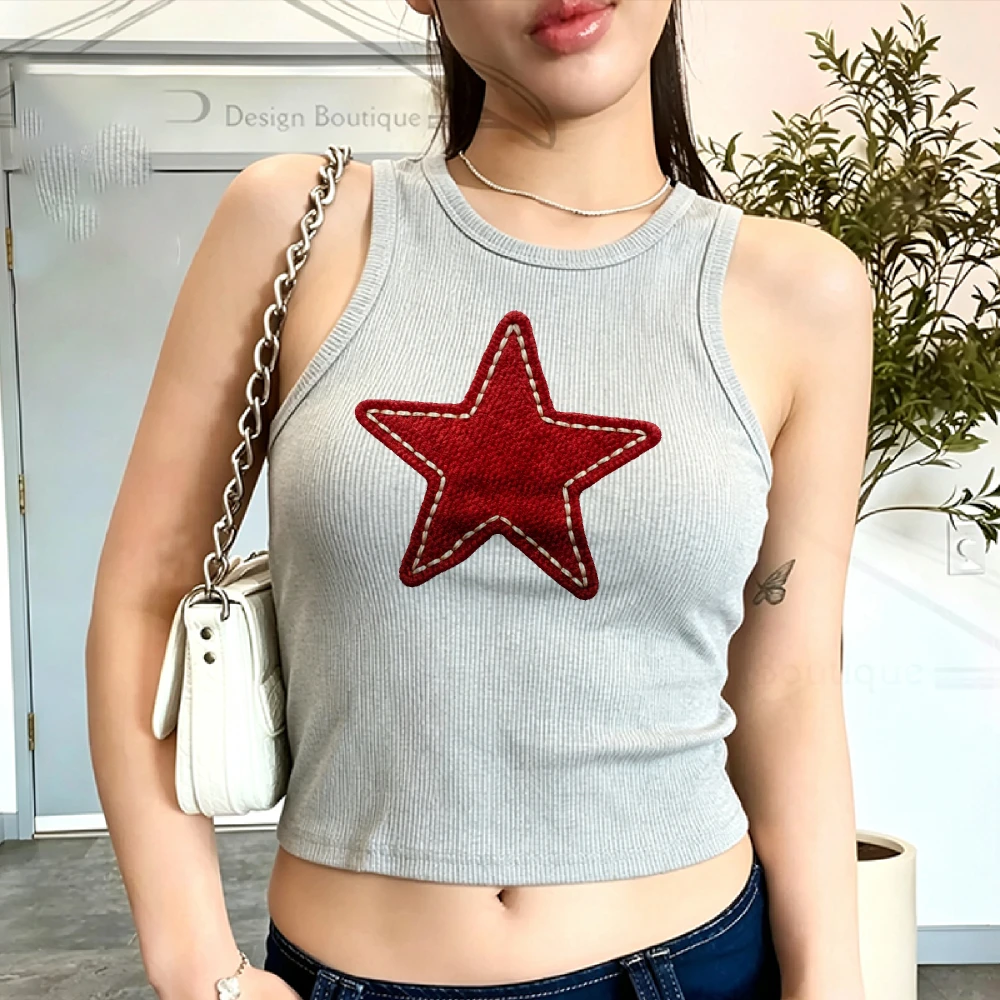 Faux Stitch Patch Red Star Ribbed Crop Tank Top Women Y2K Coquette Kawaii Sleeveless Baby Strap Vest Gift Ribbed Tank Tops